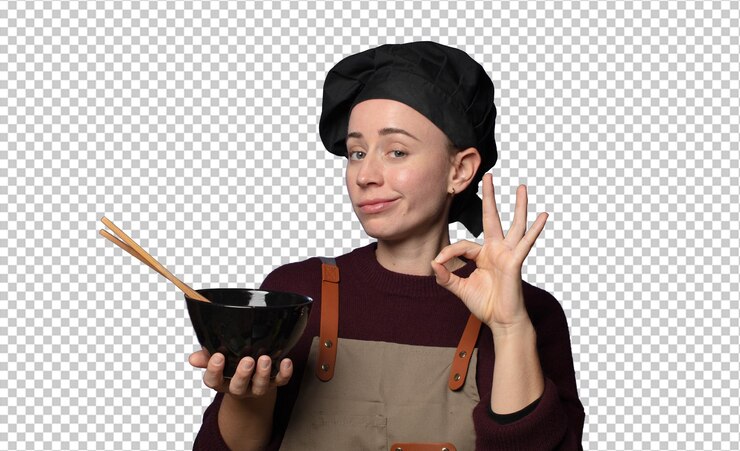 PSD grátis loira jovem e bonita mulher chef com uma tigela de ramen