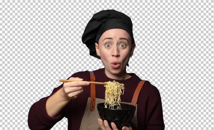 PSD grátis loira jovem e bonita mulher chef com uma tigela de ramen