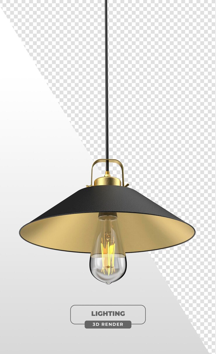 PSD grátis luz pendente de cone industrial preta e dourada com lâmpada exposta em renderização 3d