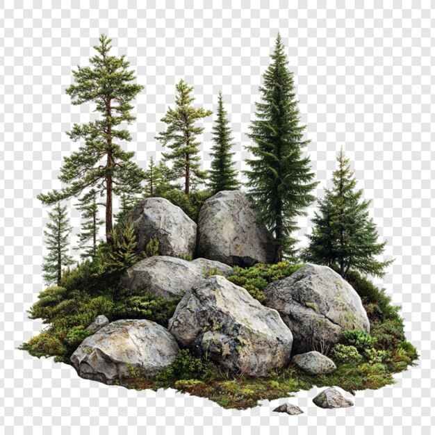 Majestic Mountaintop Grove Uma pintura digital de rochas e evergreens