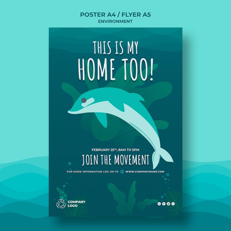 PSD grátis mantenha o modelo de cartaz limpo do oceano com golfinhos