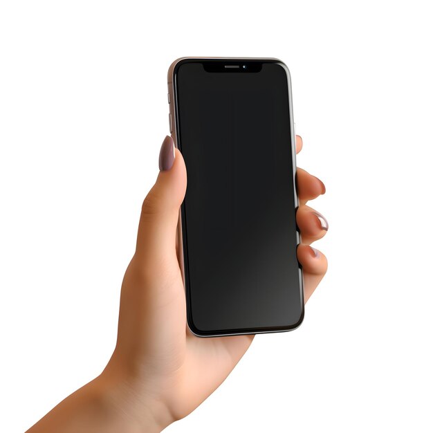 PSD grátis mão feminina segurando smartphone preto isolado em fundo branco ilustração 3d