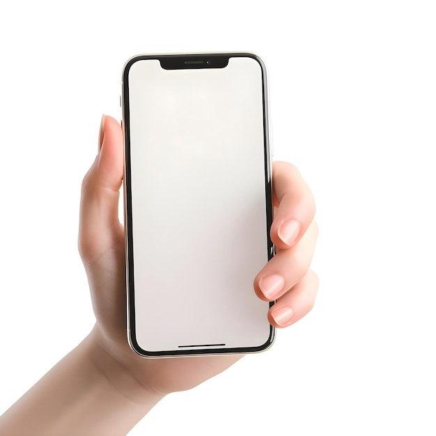 Mão feminina segurando um smartphone moderno com tela branca isolada em fundo branco