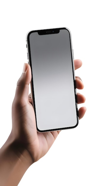 Mão masculina segurando um smartphone com uma tela em branco isolada em fundo branco