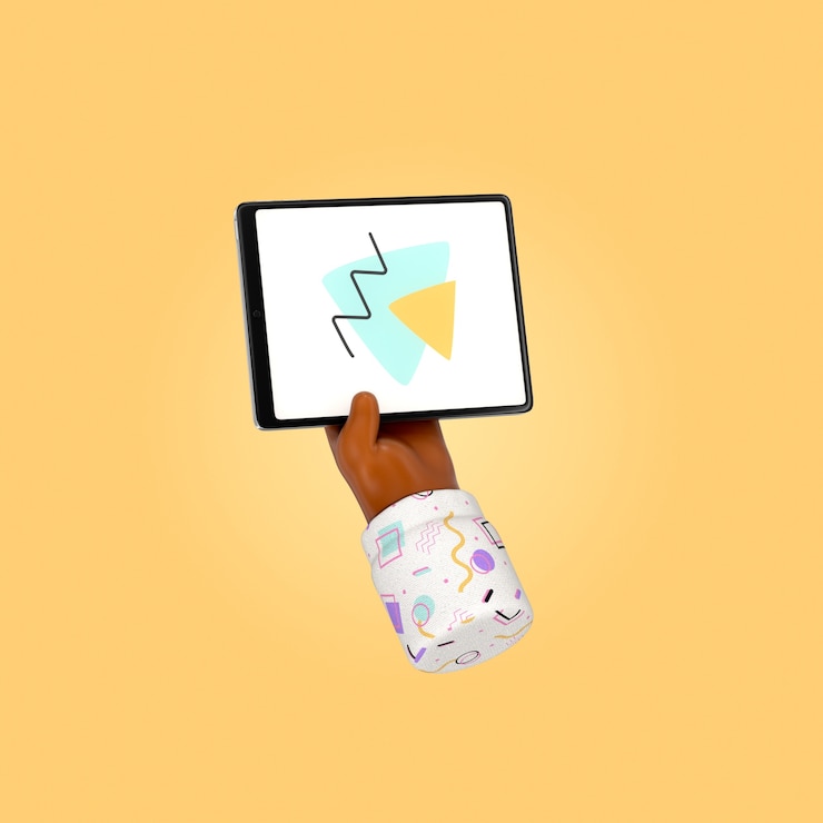 PSD grátis mão segurando um tablet com desenho abstrato colorido
