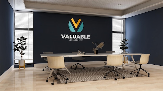 Maquete 3d do logotipo da empresa na sala de reuniões do escritório comercial