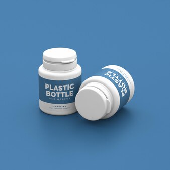Maquete de dois potes de plástico 3d para vitaminas, suplemento, pílulas de proteína.