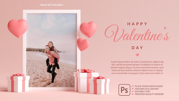 Maquete de moldura de foto com corações, amor e presentes para o dia dos namorados em renderização 3d