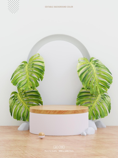 Maquete de pódio de madeira para apresentação do produto decorada com folhas de monstera 3d rendering
