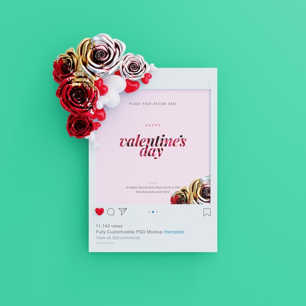 PSD grátis maquete de postagem do instagram com vibrações de namorados decoradas com rosas fofas e corações de amor