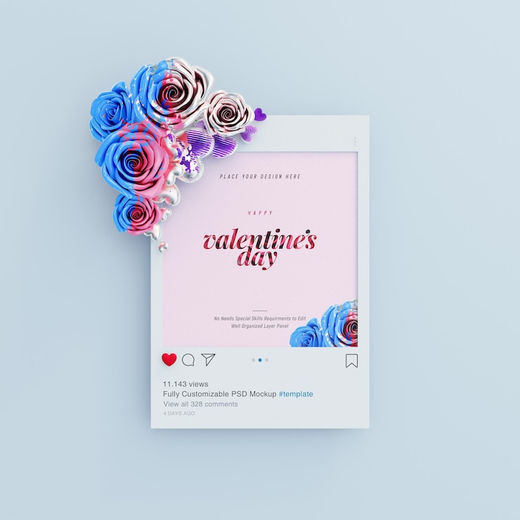 PSD grátis maquete de postagem do instagram com vibrações de namorados decoradas com rosas fofas e corações de amor