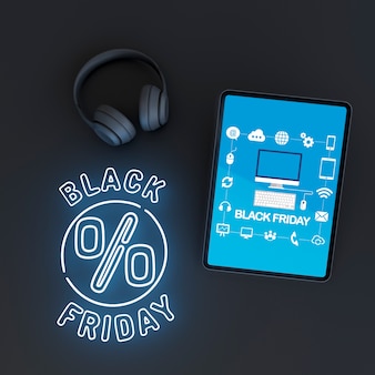 Maquete de tablet com luzes de neon azuis