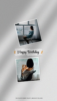 Maquete polaroid de moldura de foto com texto de feliz aniversário premium psd