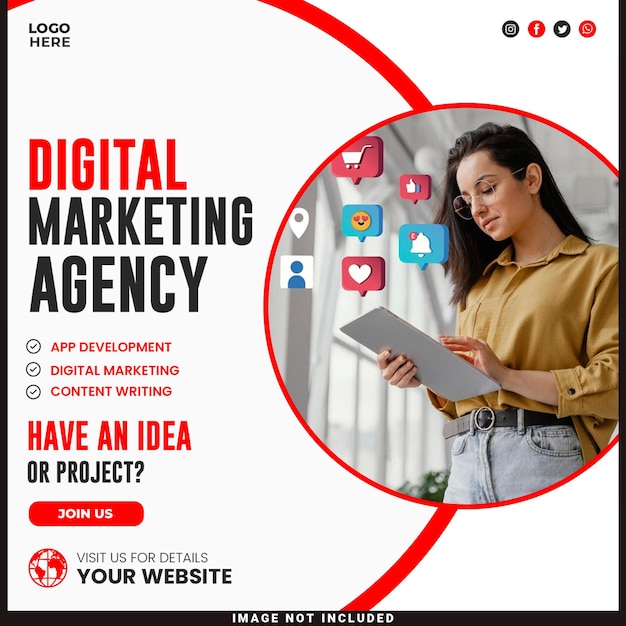 Marketing digital mídias sociais corporativas e banner de agência ou modelo de postagem no Instagram