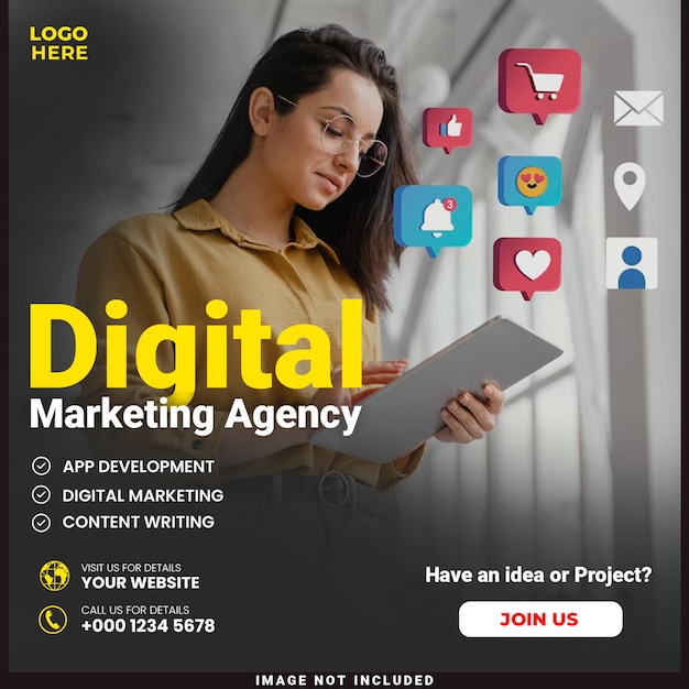 Marketing digital mídias sociais corporativas e banner de agência ou modelo de postagem no Instagram