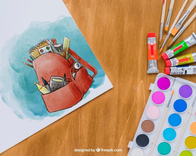 Materiais de lições de arte com desenho de aquarela