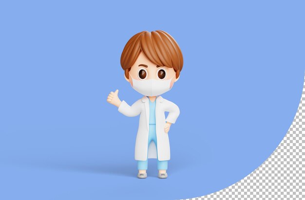 Médico masculino mostrando os polegares para cima sinal personagem de desenho animado de ilustração 3d