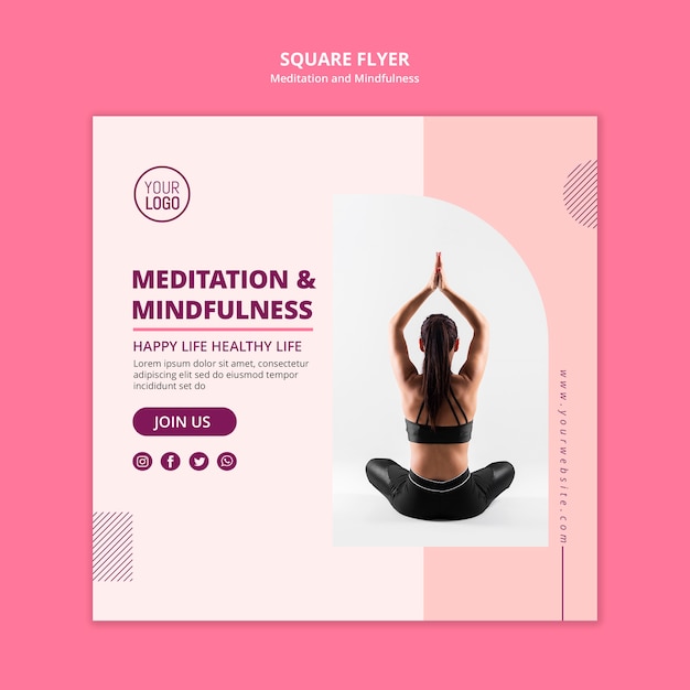 Meditação e mindfulness da posição de lótus panfleto quadrado