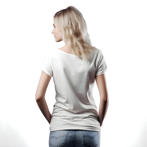 Menina loira com camiseta branca em um fundo branco