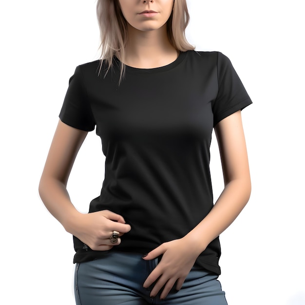 Menina loira com camiseta preta em fundo branco