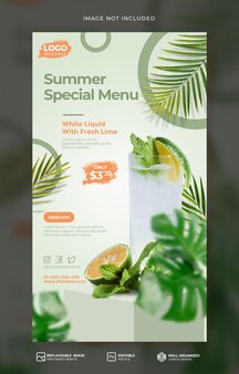 Menu de bebida de limão fresco especial de verão com história de instagram de mídia social de promoção de pódio modelo de psd