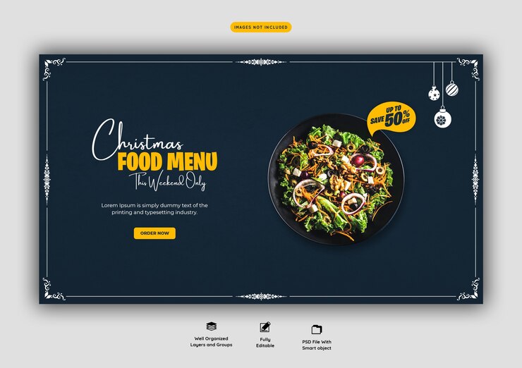 PSD grátis menu de comida de feliz natal e modelo de banner da web do restaurante