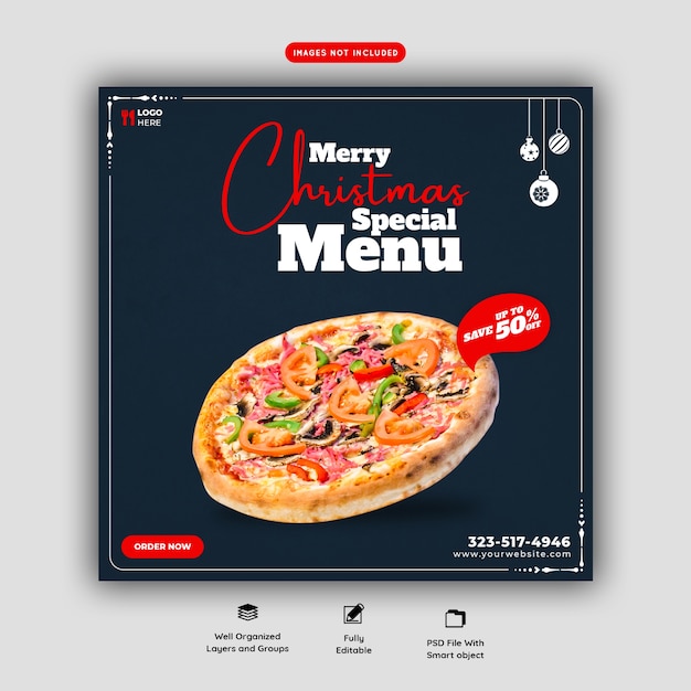 Menu de comida de feliz natal e modelo de banner de mídia social de pizza deliciosa