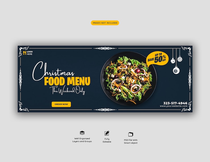 PSD grátis menu de comida de feliz natal e modelo de capa do restaurante