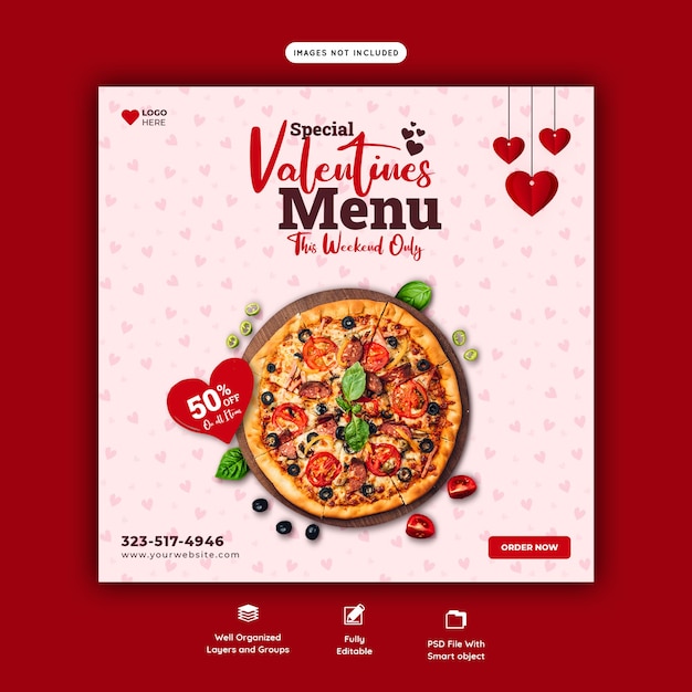 Menu de comida do dia dos namorados e modelo de banner de mídia social de pizza deliciosa