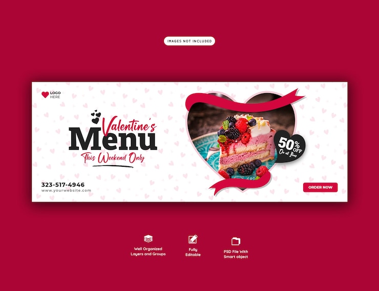 PSD grátis menu de comida dos namorados e modelo de capa do facebook do restaurante