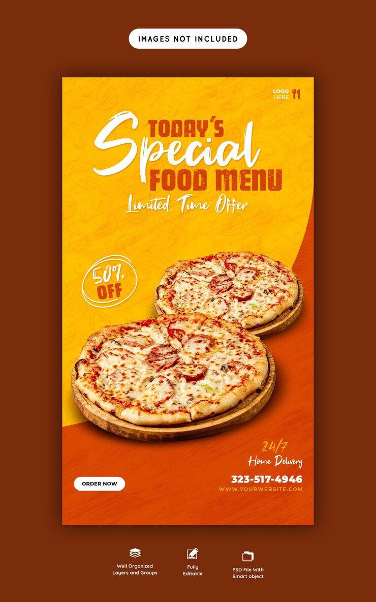 PSD grátis menu de comida e deliciosa pizza instagram e modelo de história do facebook