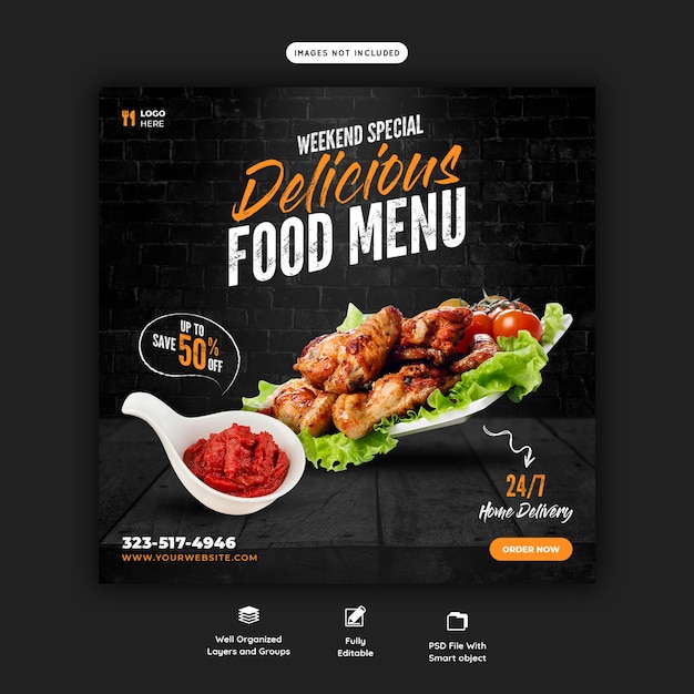 Menu de comida e modelo de banner de mídia social de restaurante