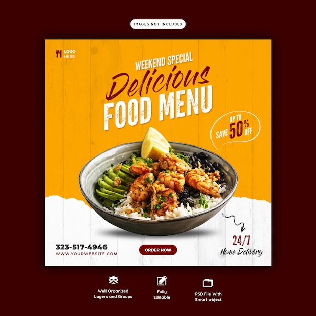 Menu de comida e modelo de banner de mídia social de restaurante