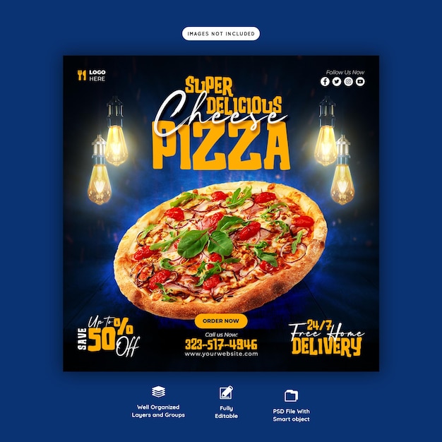 Menu de comida e modelo de banner de mídia social deliciosa pizza