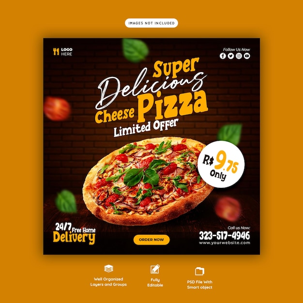 PSD grátis menu de comida e modelo de banner de mídia social deliciosa pizza