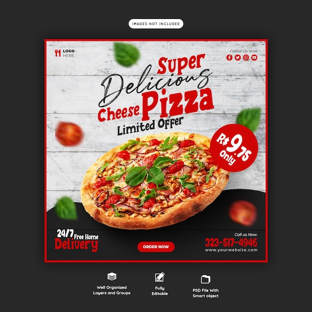 PSD grátis menu de comida e modelo de banner de mídia social deliciosa pizza