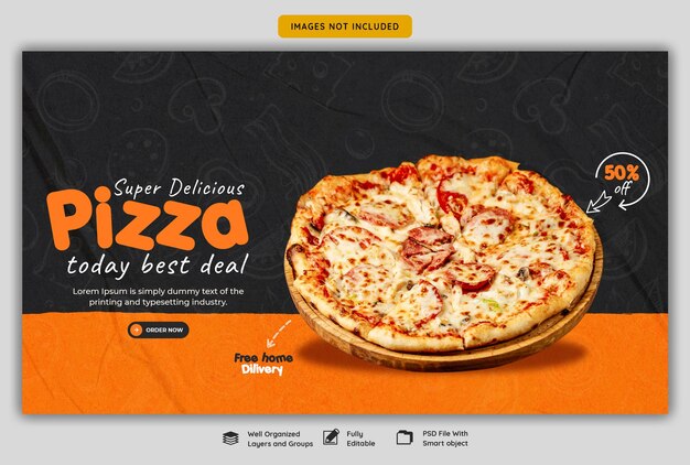 Menu de comida e modelo de banner deliciosa pizza web