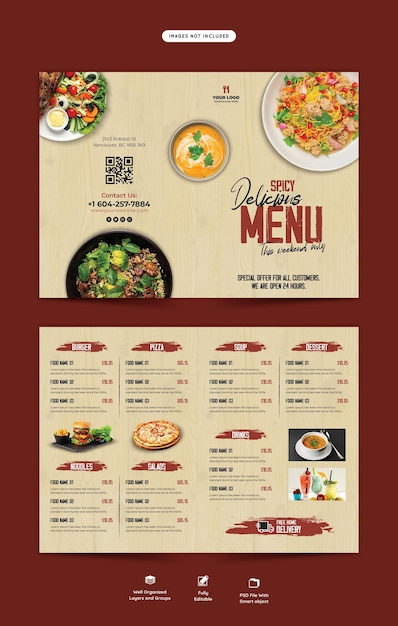 Menu de comida e modelo de folheto bifold do restaurante