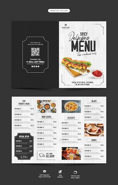 PSD grátis menu de comida e modelo de folheto bifold do restaurante