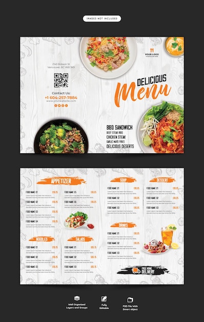 PSD grátis menu de comida e modelo de folheto bifold do restaurante