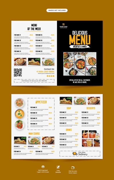 Menu de comida e modelo de folheto bifold do restaurante
