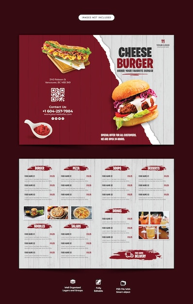 Menu de comida e modelo de folheto bifold do restaurante