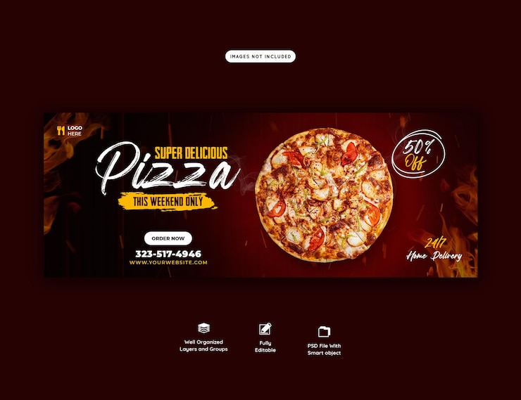 PSD grátis menu de comida e pizza deliciosa modelo de banner de capa do facebook