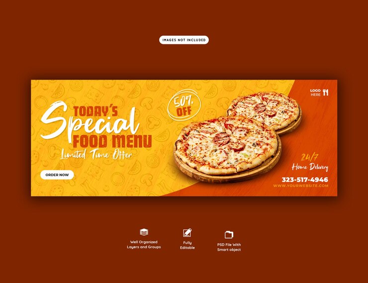 PSD grátis menu de comida e pizza deliciosa modelo de banner de capa do facebook