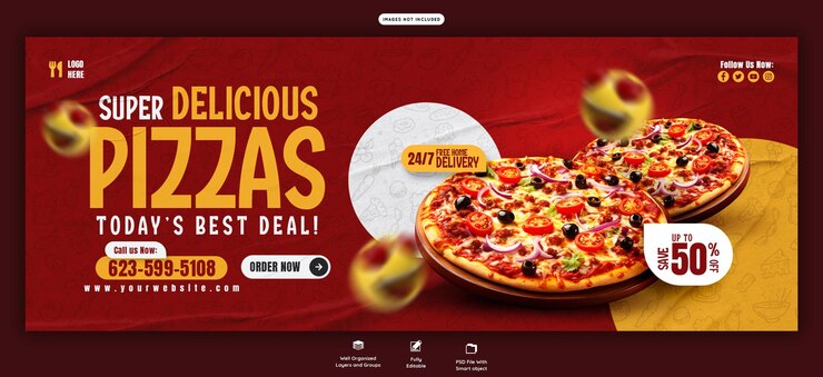 PSD grátis menu de comida e pizza deliciosa modelo de banner de capa do facebook