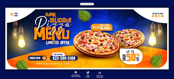 PSD grátis menu de comida e pizza deliciosa modelo de banner de capa do facebook