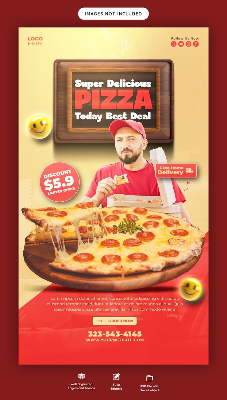 PSD grátis menu de comida e pizza deliciosa modelo de história do instagram e do facebook