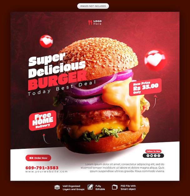 Menu de hambúrguer e comida delicioso banner de mídia social ou modelo de postagem no instagram