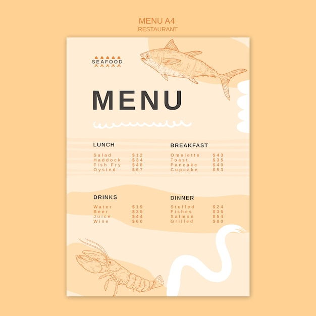 Menu de restaurante de frutos do mar desenhado à mão