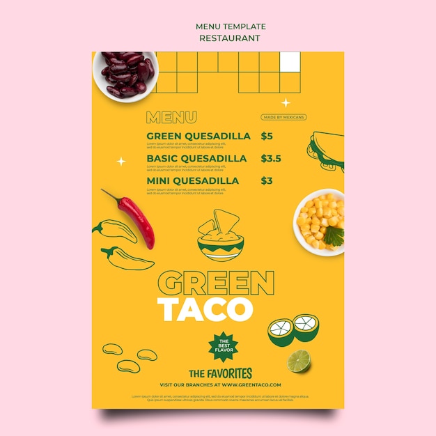 PSD grátis menu de restaurante de taco verde